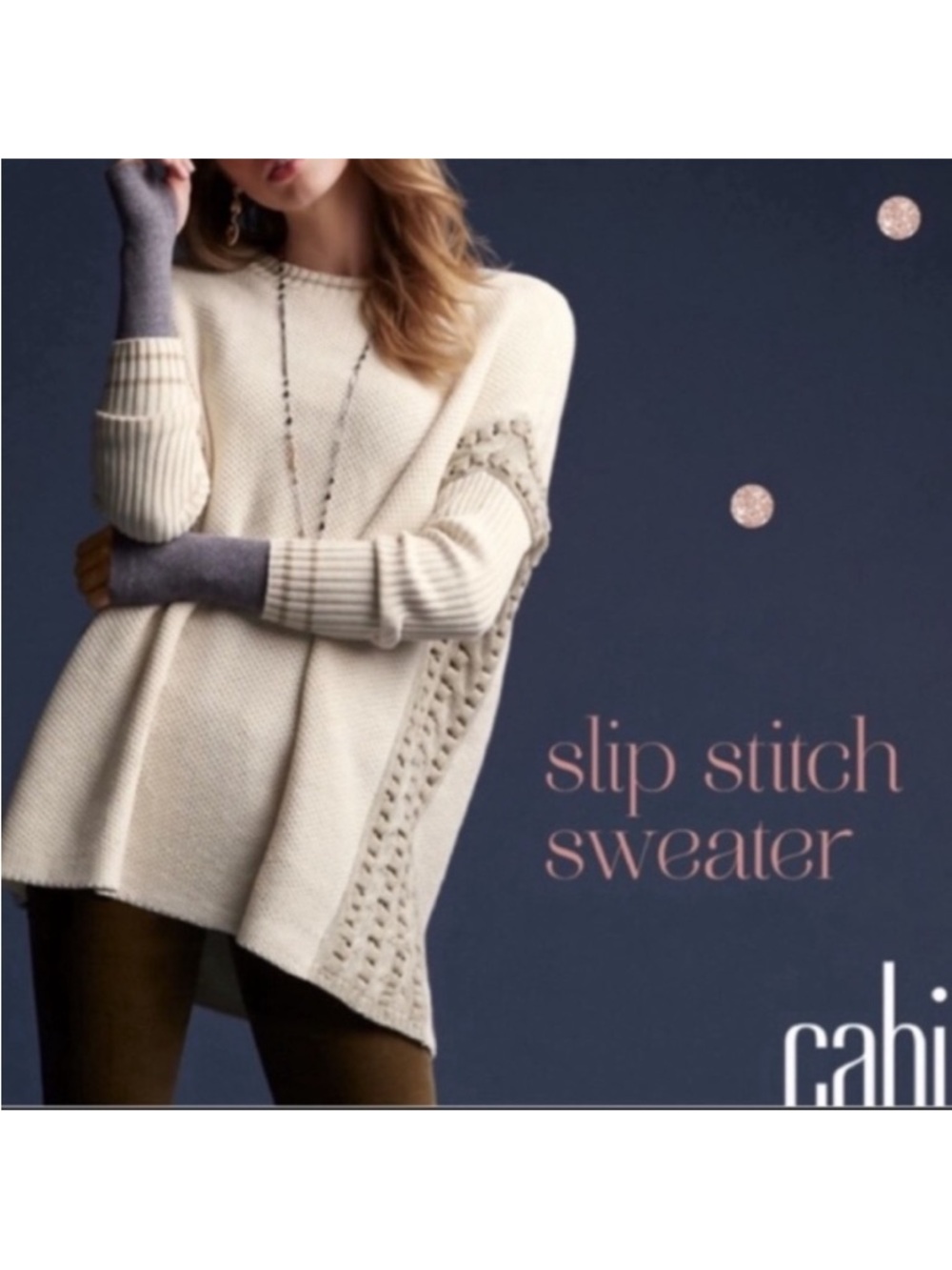 Cabi Relaxed Cream Knit Crewneck Sweater Lace-Inset - Picture 2 of 9